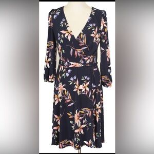 Eliza J Dress Women’s 8 Blue Pink Floral A Line Faux Wrap Long Sleeve V Neck